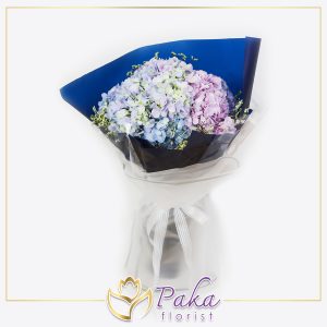 ช่อดอกไม้ พลอยเพชรรัตน์ 32 ช่อดอกไม้ลักษณะจัดเป็นพุ่ม ช่อดอกไม้ประดับด้วยดอกไฮเดรนเยีย  แซมด้วยดอกยิปโซ ห่อด้วยกระดาษสีน้ำเงิน
